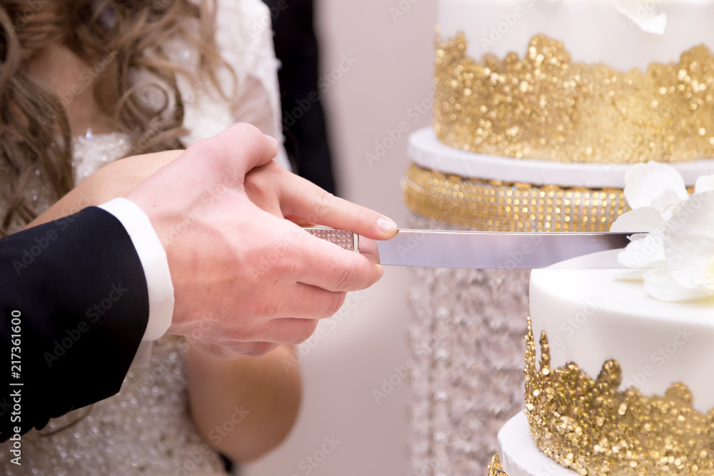 Close-up of a newlywed couple's hands cutting their wedding cake. Close-up of a newlywed couple's hands cutting their wedding cake.