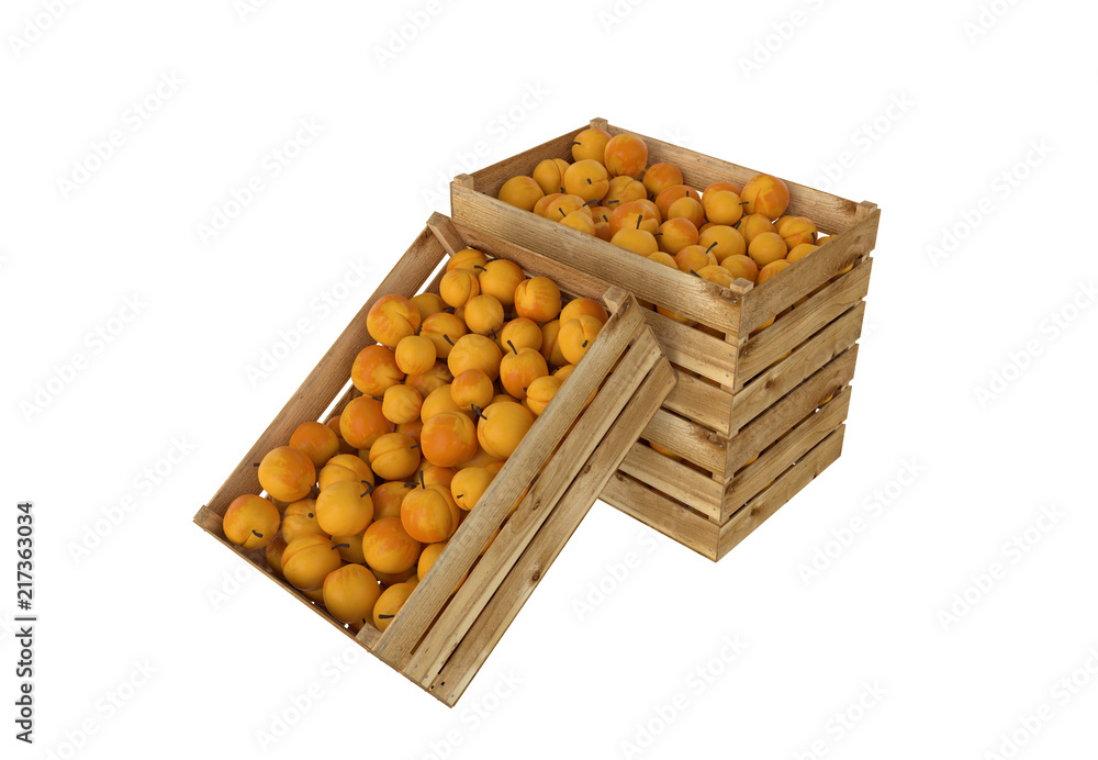 Wooden box full of peach fruit. Isolated on white background. Wooden box full of peach fruit. Isolated on white background.