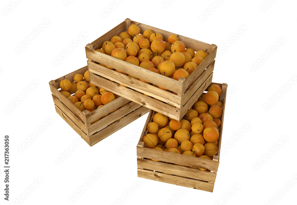 Wooden box full of peach fruit. Isolated on white background. Wooden box full of peach fruit. Isolated on white background.