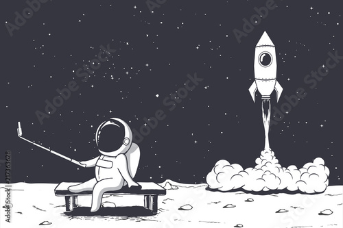 astronaut photographs himself on Moon against the background of a rocket .Space theme.Vector illustration