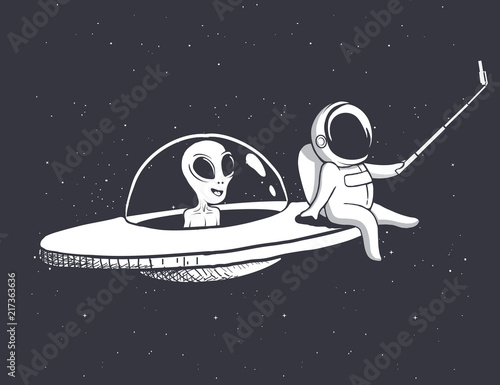 astronaut photographs himself and alien on flying saucer.Vector illustration