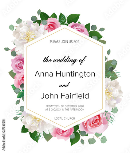 Wedding floral  invitation, save the date card design with dark red, colorful purple and blush pink roses flowers & elegant geometric decoration. Trendy wedding card. Modern template