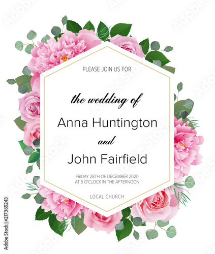 Wedding floral  invitation, save the date card design with blush pink roses and peonies flowers & elegant geometric decoration.Trendy wedding card. Modern template