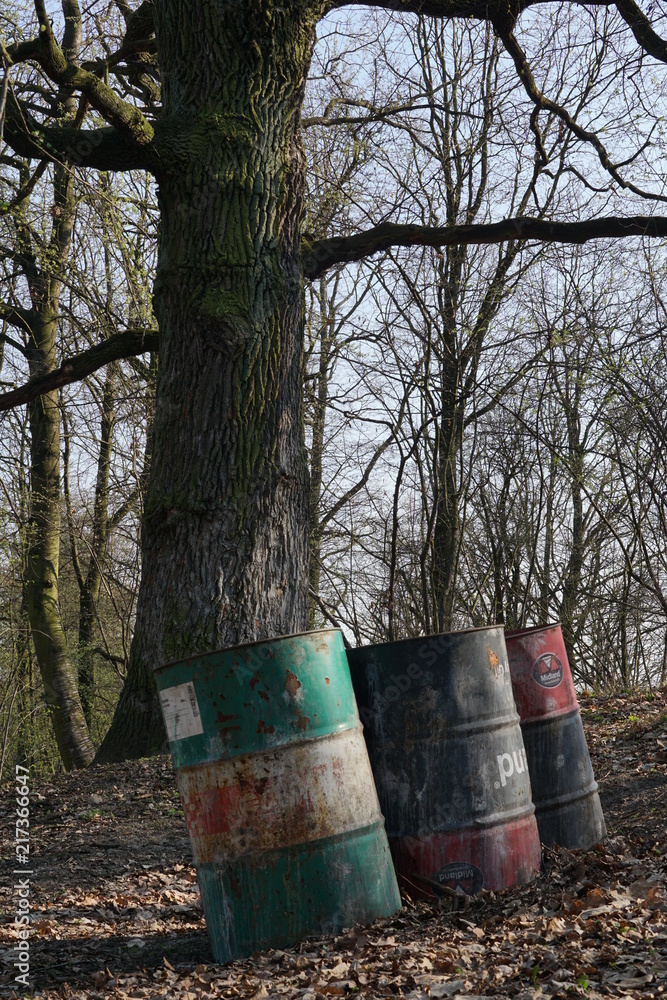 beczki z chemikaliami w wiosennym lesie, dzikie wysypiska śmieci w lesie, utylizacja szkodliwych chemikaliów - obrazy, fototapety, plakaty 