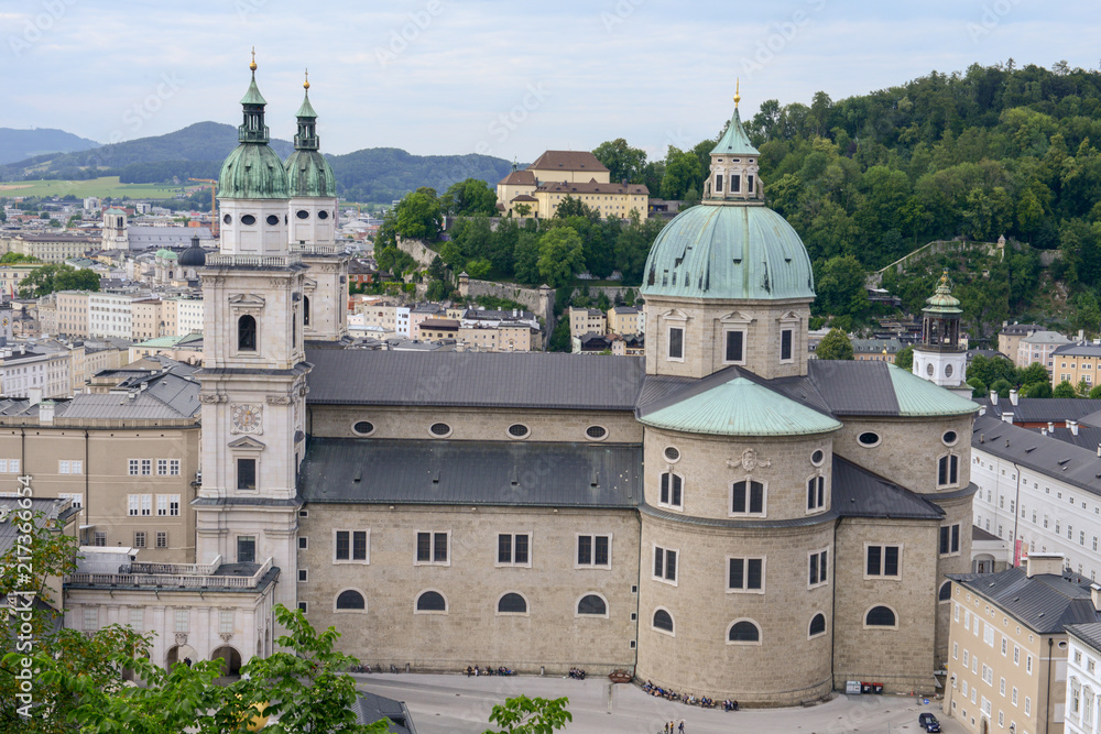 View on Kapitelplatz, St Peter's Abbey, Franciscan Church and Salzburg Cathedral, Austria