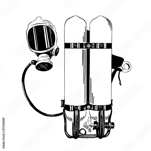 Vector engraved style illustration for posters, decoration and print. Hand drawn sketch of diving equipment in black isolated on white background. Detailed vintage etching style drawing.