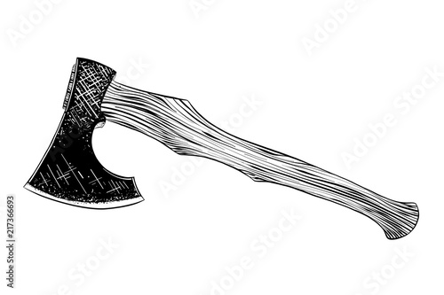 Vector engraved style illustration for posters, decoration and print. Hand drawn sketch of axe in black isolated on white background. Detailed vintage etching style drawing.