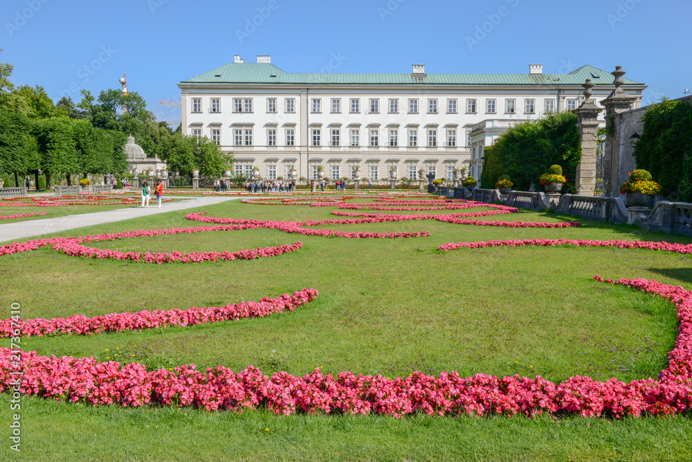Flowers bloom at the Mirabell Palace Garden in Salzburg, Austria