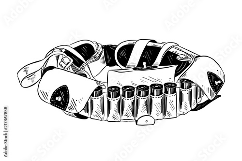 Vector engraved style illustration for posters, decoration and print. Hand drawn sketch of bandolier in black isolated on white background. Detailed vintage etching style drawing.