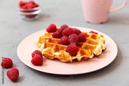 Traditional belgian waffle with raspberries on pink plate over gray background, side view.