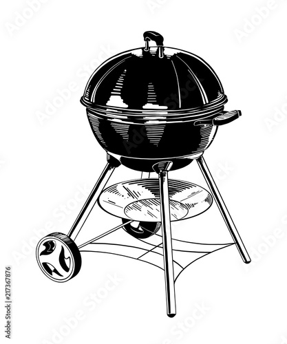 Charcoal kettle grill with lid and wheels. Black and white sketch illustration of outdoor cooking equipment isolated on white background. Backyard barbecue and grilling concept 