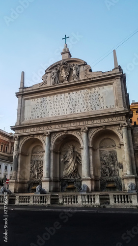 Old church in Rome. Roman ancient cathedral. Statue old cathedral in Rome.