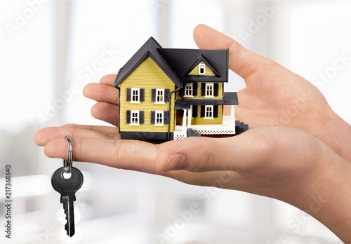 House in human hand on background