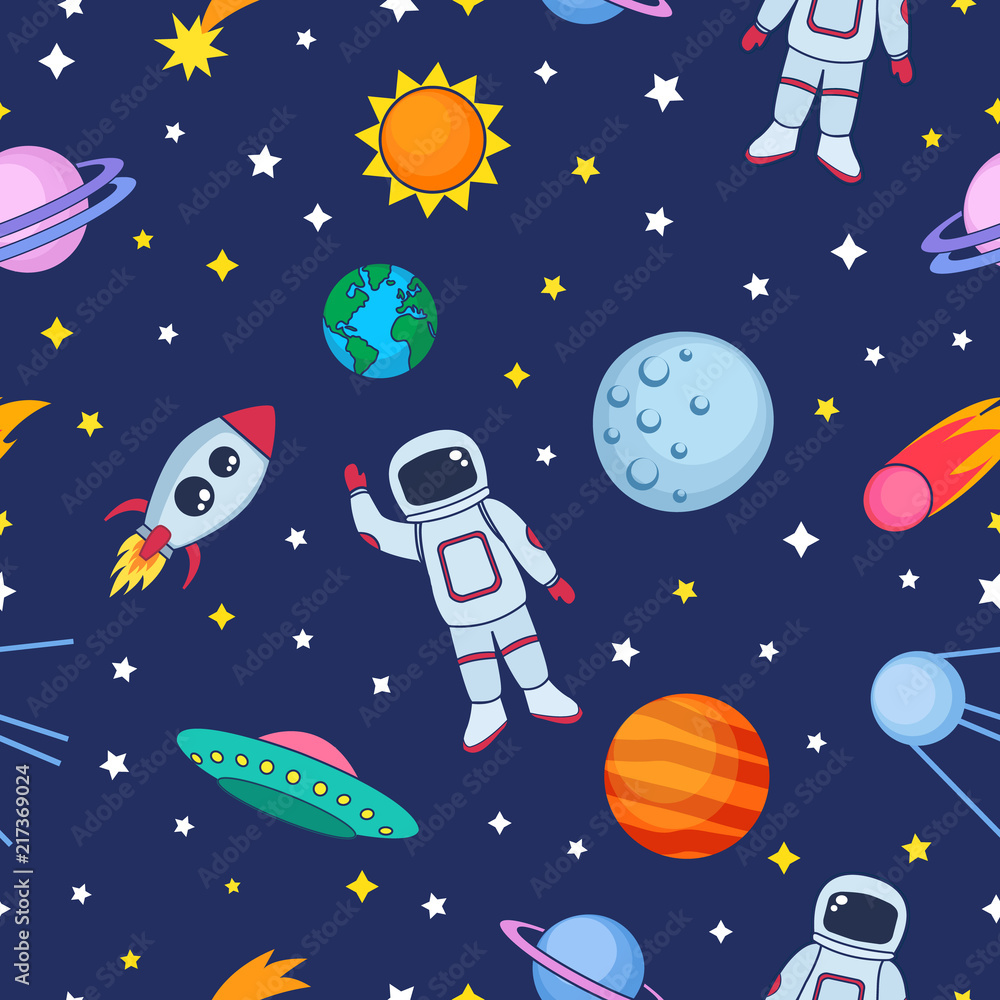 Cute seamless colorful pattern with space cosmonaut stars planets earth ...