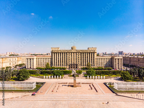 SAINT PETERSBURG, RUSSIA. Beautiful panorama view from drone, to the House of Soviets in summer sunny eveningand monument Lenin . Located on Moscow Square in St. Petersburg.