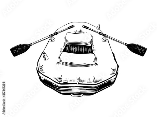 Vector engraved style illustration for posters, decoration and print. Hand drawn sketch of rubber boat in black isolated on white background. Detailed vintage etching style drawing.