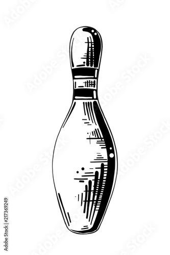 Vector engraved style illustration for posters, decoration and print. Hand drawn sketch of bowling pin in black isolated on white background. Detailed vintage etching style drawing.