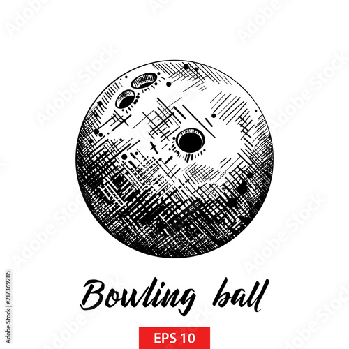 Vector engraved style illustration for posters, decoration and print. Hand drawn sketch of bowling ball in black isolated on white background. Detailed vintage etching style drawing.
