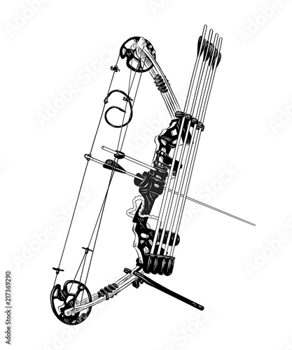 Vector engraved style illustration for posters, decoration and print. Hand drawn sketch of bow and arrow in black isolated on white background. Detailed vintage etching style drawing.