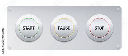 Start, pause, stop button on a metallic panel for instruments, machines, gadgets. Symbolic for work routine, business life, projects, lifestyle, relationships and many other issues or technology.
