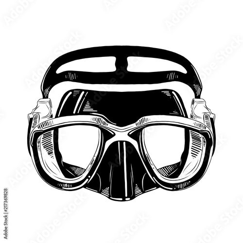 Vector engraved style illustration for posters, decoration and print. Hand drawn sketch of diving mask in black isolated on white background. Detailed vintage etching style drawing.