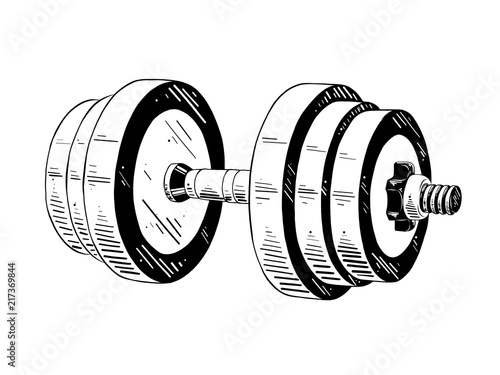 Vector engraved style illustration for posters, decoration and print. Hand drawn sketch of dumbbell in black isolated on white background. Detailed vintage etching style drawing.