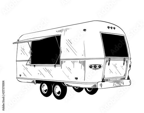 Vector engraved style illustration for posters, decoration and print. Hand drawn sketch of food truck in black isolated on white background. Detailed vintage etching style drawing.