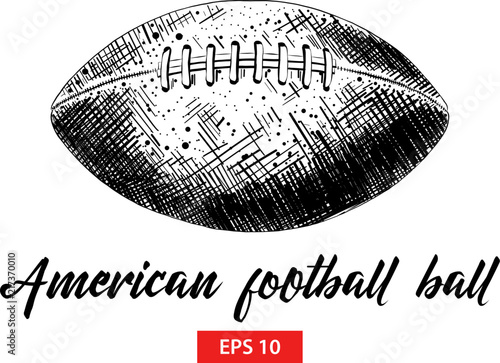 Vector engraved style illustration for posters, decoration and print. Hand drawn sketch of american football ball in black isolated on white background. Detailed vintage etching style drawing.
