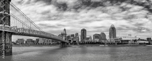 Cincinnati skyline and Ohio River in black and white