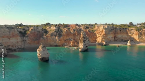 Eye level Panoramic aerial view of the Marinha beach in Algarve, Portugal