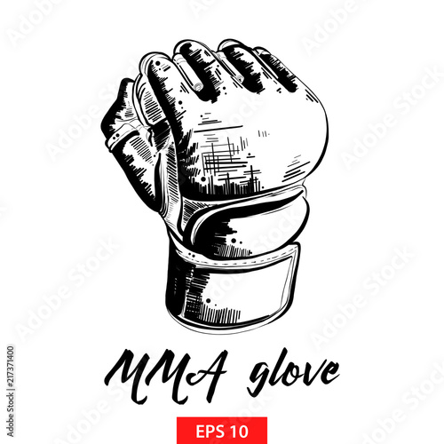 Vector engraved style illustration for posters, decoration and print. Hand drawn sketch of mma glove in black isolated on white background. Detailed vintage etching style drawing.
