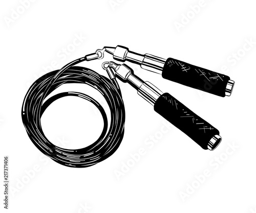 Vector engraved style illustration for posters, decoration and print. Hand drawn sketch of jump rope in black isolated on white background. Detailed vintage etching style drawing.