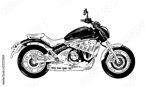 Vector engraved style illustration for posters, decoration and print. Hand drawn sketch of motorcyrcle in black isolated on white background. Detailed vintage etching style drawing. photo