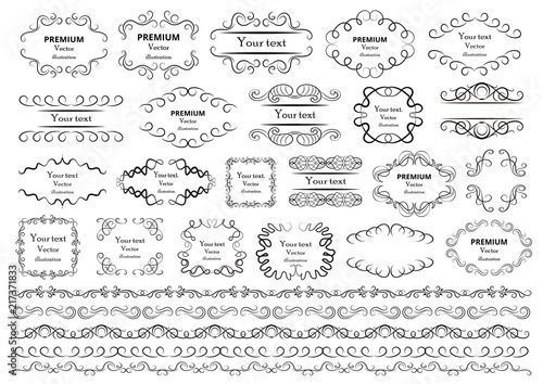 Calligraphic design elements . Decorative swirls or scrolls  vintage frames   flourishes  labels and dividers. Retro vector illustration