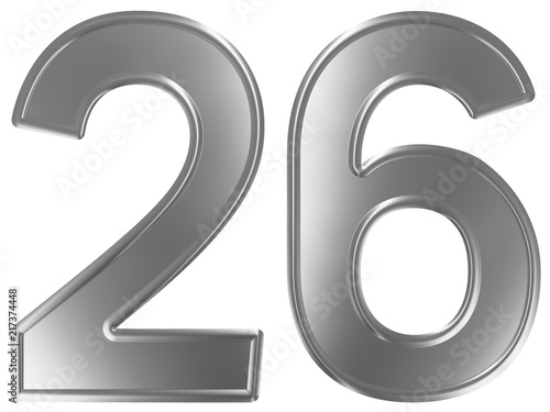 Numeral 26, twenty six, isolated on white background, 3d render