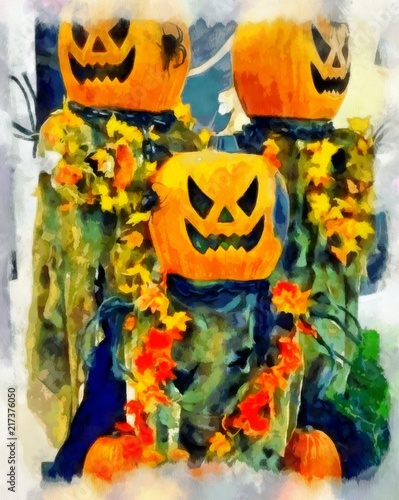 Oil painting. Art print for wall decor. Acrylic artwork. Big size poster. Watercolor drawing. Modern style fine art.  Halloween. Pumpkins for halloween.
