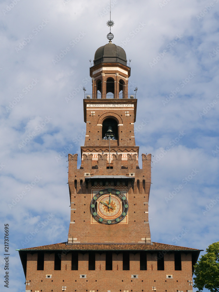 Milan,Italy-July 24, 2018: The central tower or Torre del Filarete of Sforza Castle or Castello Sforzesco, Milan
