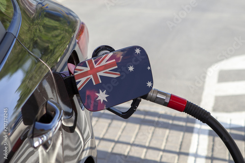 Fueling car with petrol pump at a gas station.