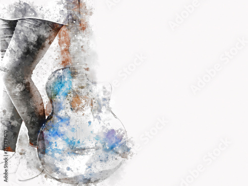 Abstract beautiful acoustic guitar in the foreground on Watercolor painting background and Digital illustration brush to art.