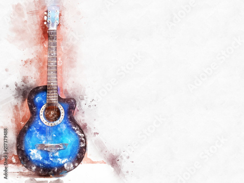 Fototapeta Naklejka Na Ścianę i Meble -  Abstract beautiful acoustic guitar in the foreground on Watercolor painting background and Digital illustration brush to art.