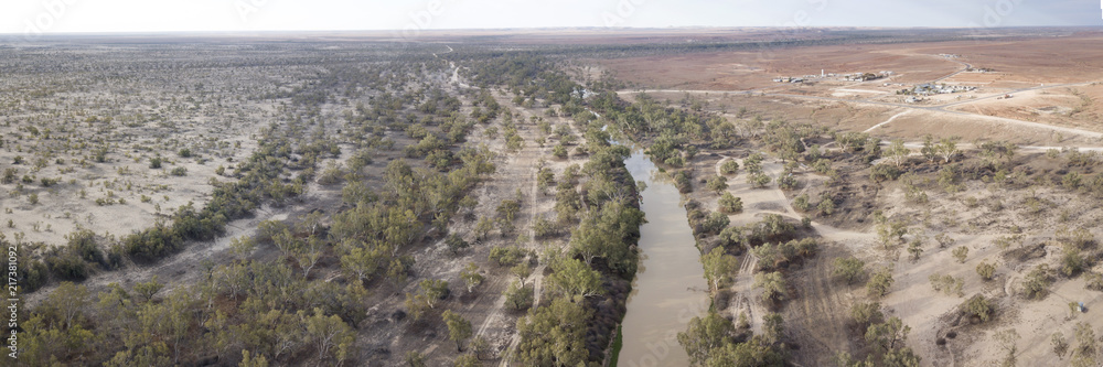 Aerial view of Cooper creek and the outback town of Innamincks, South Australia.