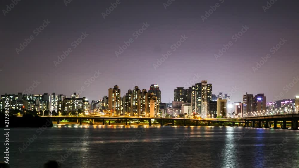 Night view time-lapse of Downtown sky scrapper at Yeouido Hangang Park Night view time-lapse of Downtown sky scrapper at Yeouido Hangang Park