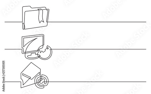 banner design - continuous line drawing of business icons: folder with bookmark, display, globe, email, letter
