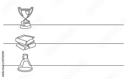 banner design - continuous line drawing of business icons: prize, workbooks, chemical flask