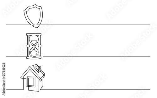 banner design - continuous line drawing of business icons: protection shield, hourglass, home symbol