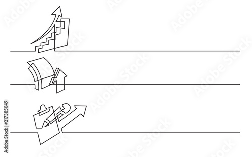 banner design - continuous line drawing of business icons: rising chart, growth symbol, analytics