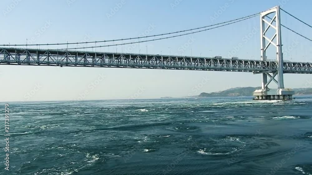 Water swirls emerge nsturally underneath the Akashi Kaikyo bridge