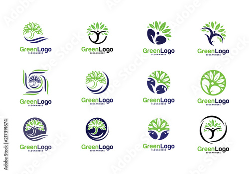 Set of People Tree Logo and Icon Template, Green logo vector