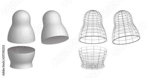 Blank white and wired mesh empty Russian nesting doll matryoshka mockup. Symbol of Russia. Babushka toy souvenir. 3D vector illustration isolated on white background.