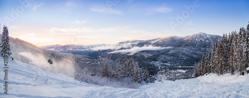 A sunset panorama of the Creekside at Whistler, BC.